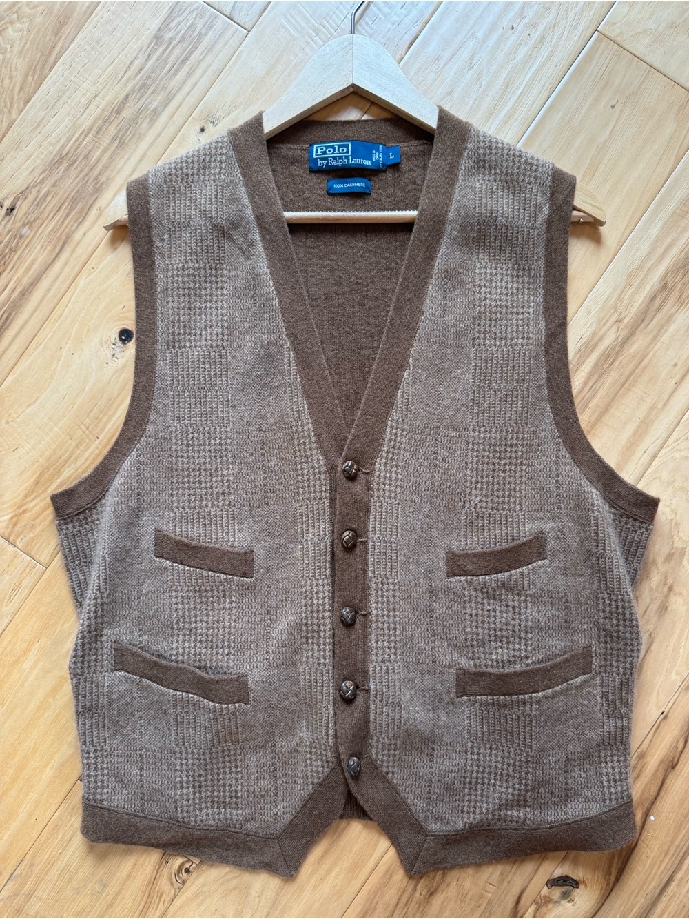 VTG Polo Ralph Lauren Sweater Waistcoat Vest Plaid Knit 100% Cashmere Size Large